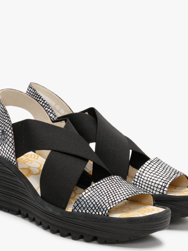 Yaji Black Off White Black Elasticated Cross Strap Wedge Sandals