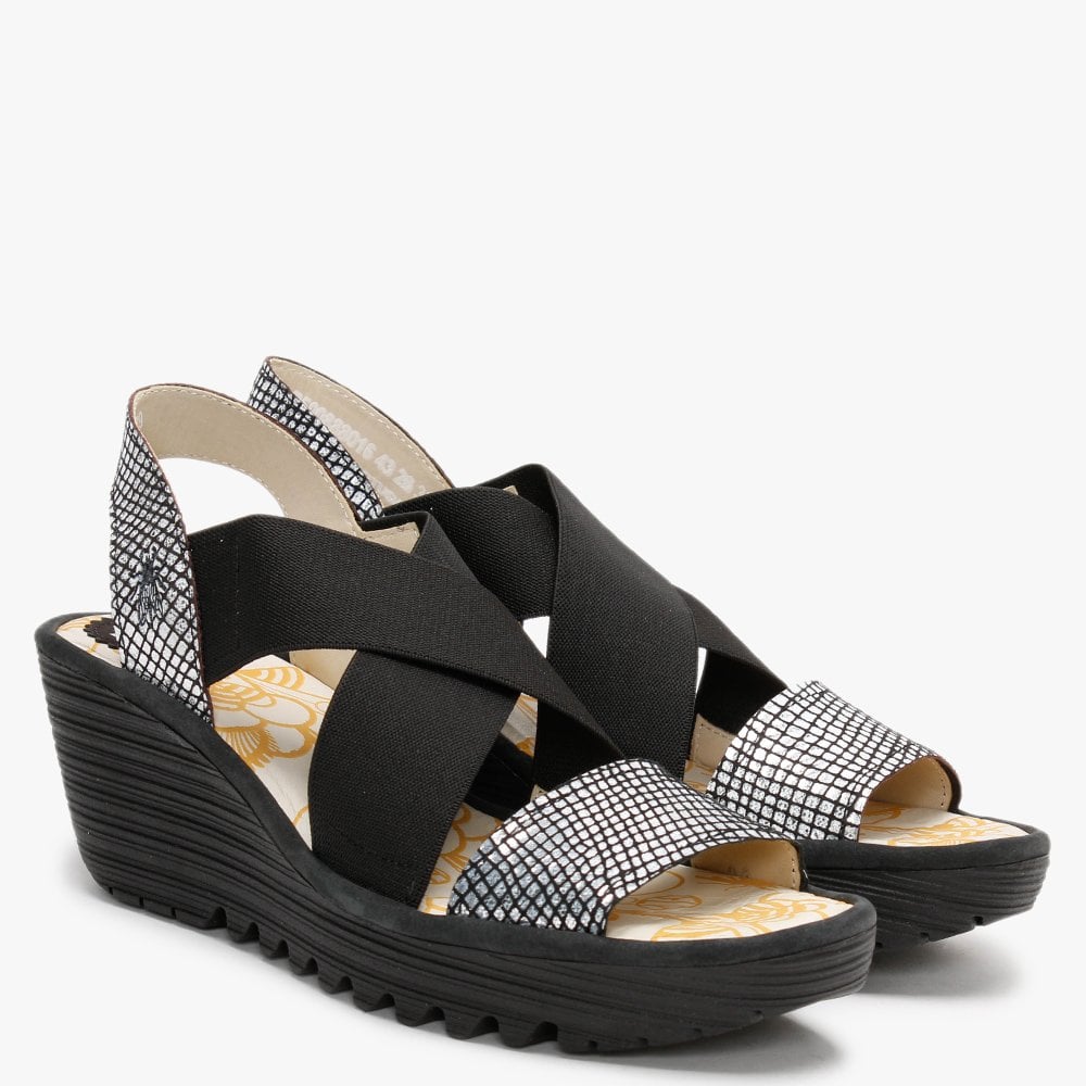 Yaji Black Off White Black Elasticated Cross Strap Wedge Sandals