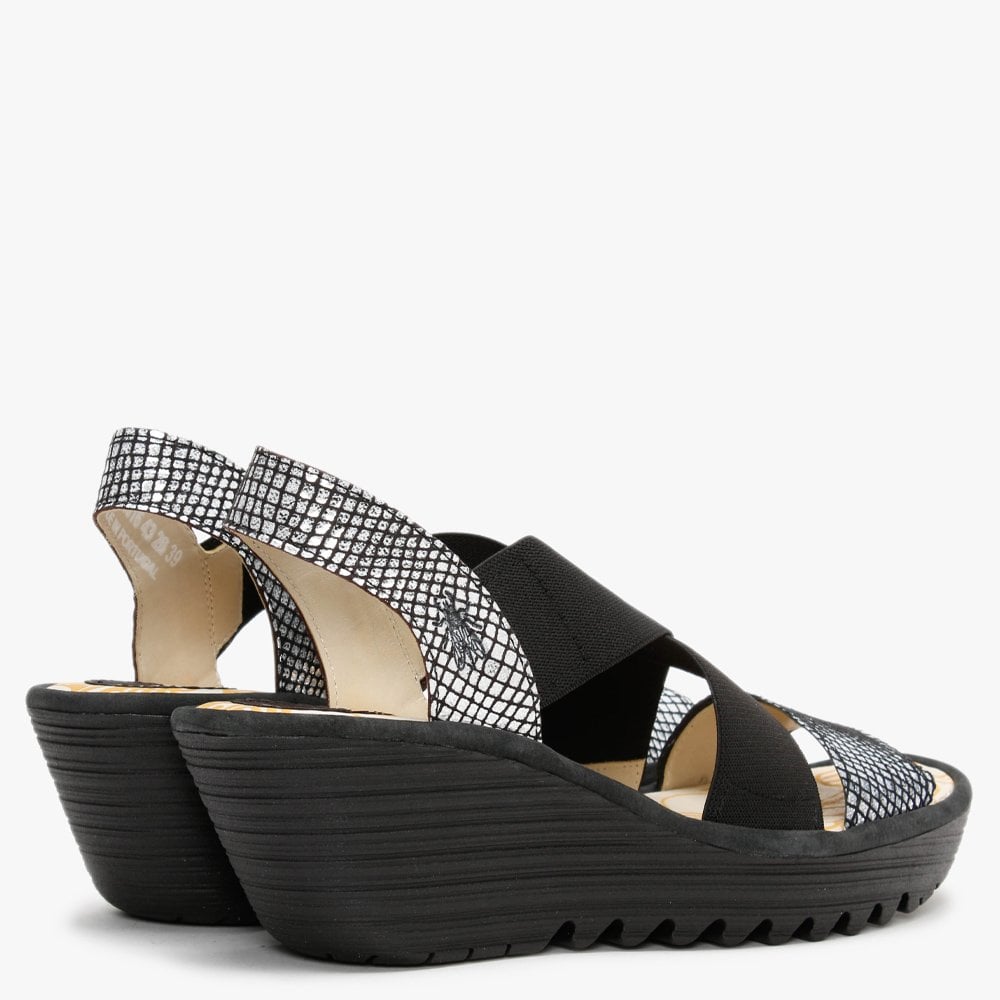Yaji Black Off White Black Elasticated Cross Strap Wedge Sandals