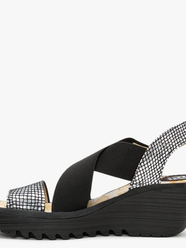 Yaji Black Off White Black Elasticated Cross Strap Wedge Sandals