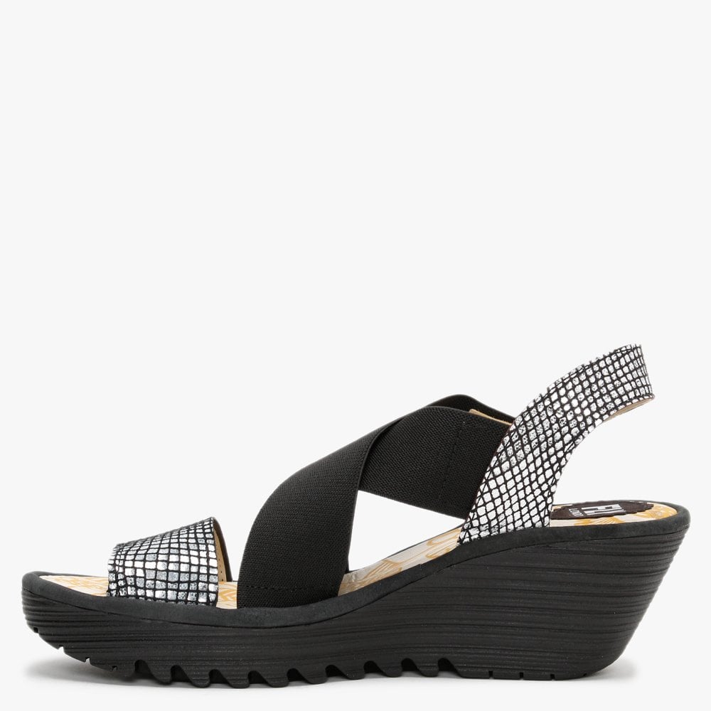 Yaji Black Off White Black Elasticated Cross Strap Wedge Sandals
