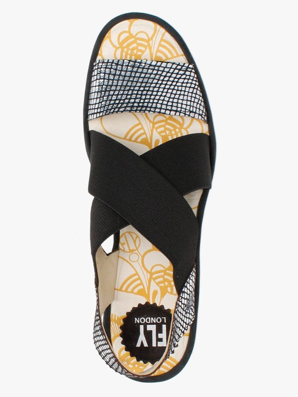 Yaji Black Off White Black Elasticated Cross Strap Wedge Sandals