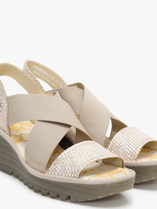 Yaji Tan Gold Concre Elasticated Cross Strap Wedge Sandals