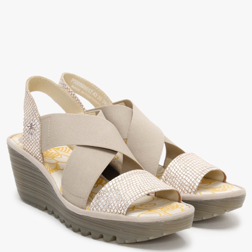 Yaji Tan Gold Concre Elasticated Cross Strap Wedge Sandals