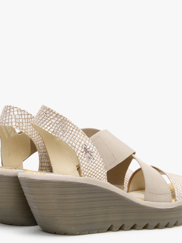 Yaji Tan Gold Concre Elasticated Cross Strap Wedge Sandals