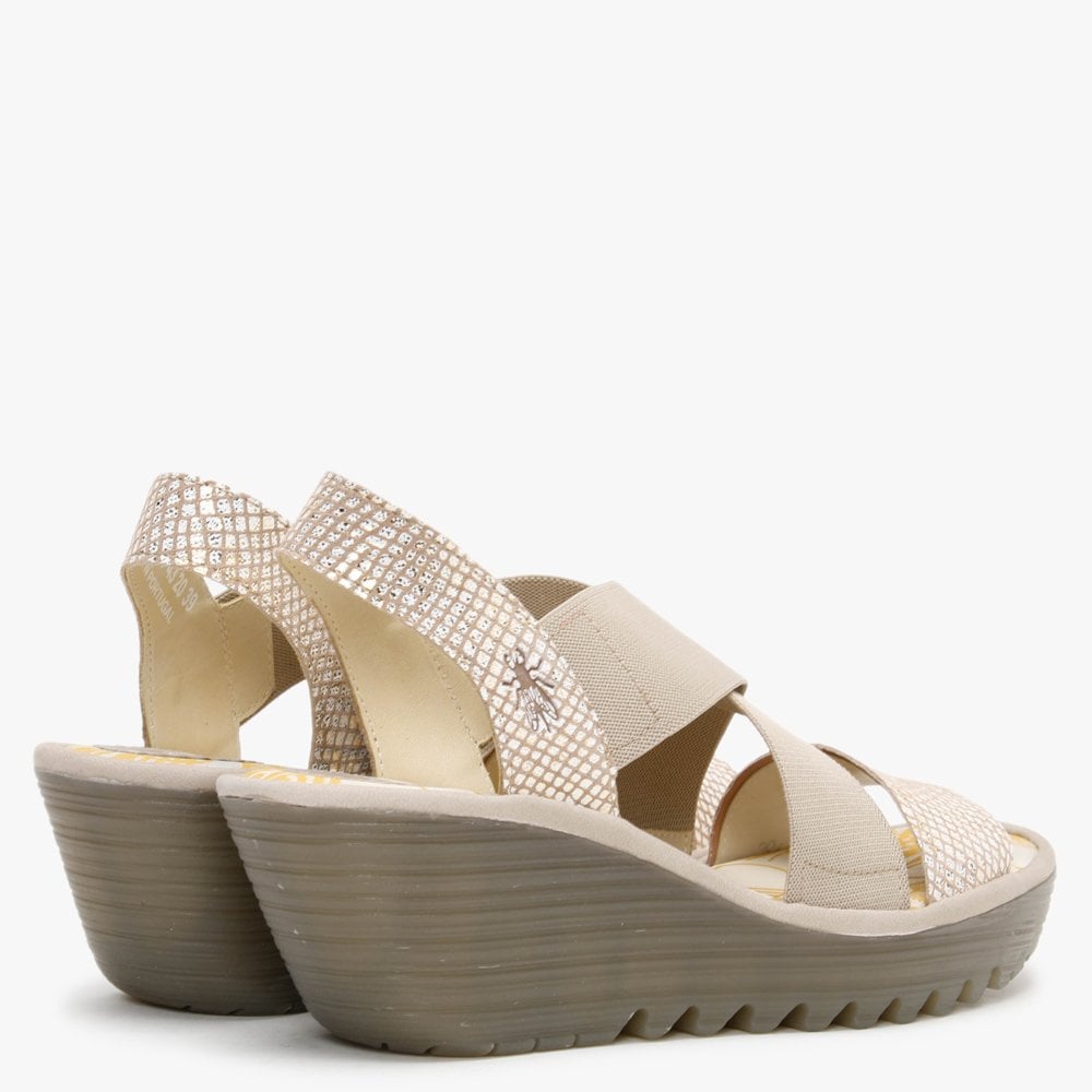 Yaji Tan Gold Concre Elasticated Cross Strap Wedge Sandals