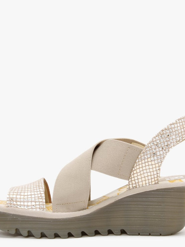 Yaji Tan Gold Concre Elasticated Cross Strap Wedge Sandals