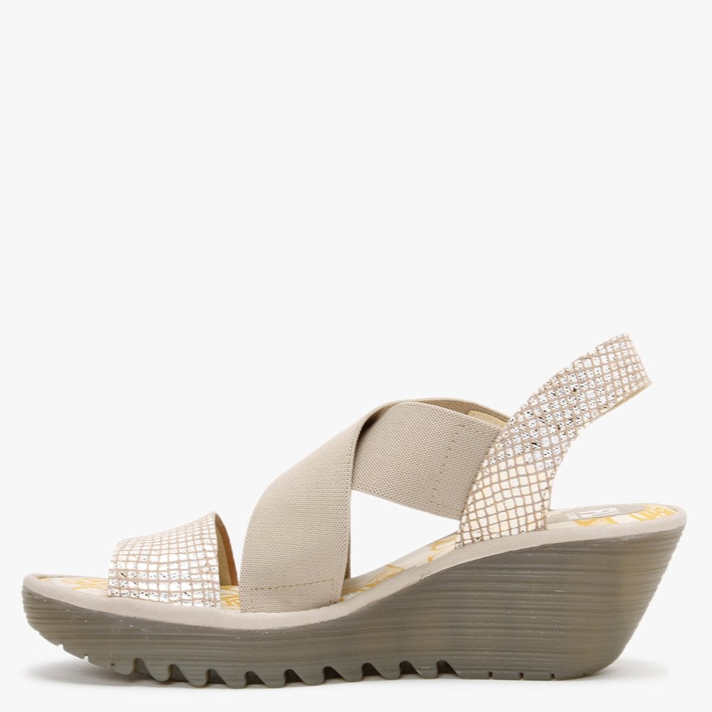 Yaji Tan Gold Concre Elasticated Cross Strap Wedge Sandals
