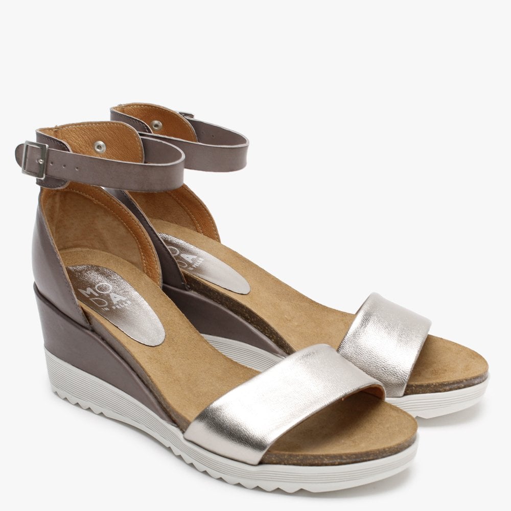 Loraynie Pewter Leather Wedge Sandals