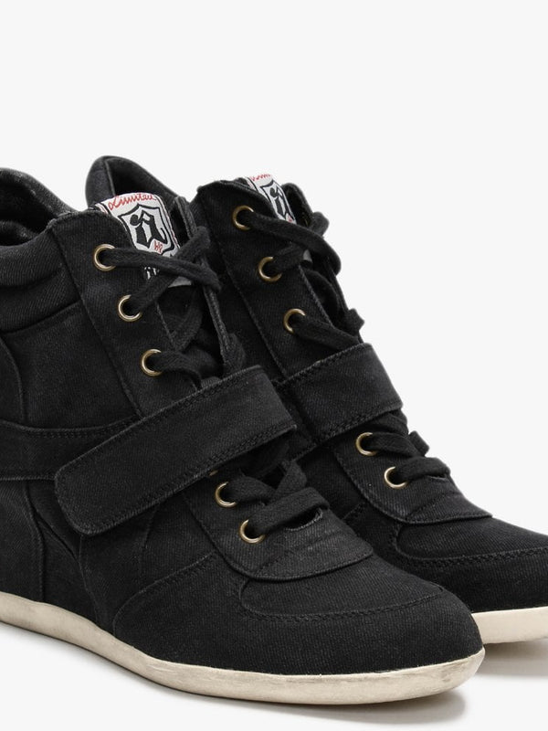Bowie Black Washed Denim Wedge High Top Trainers