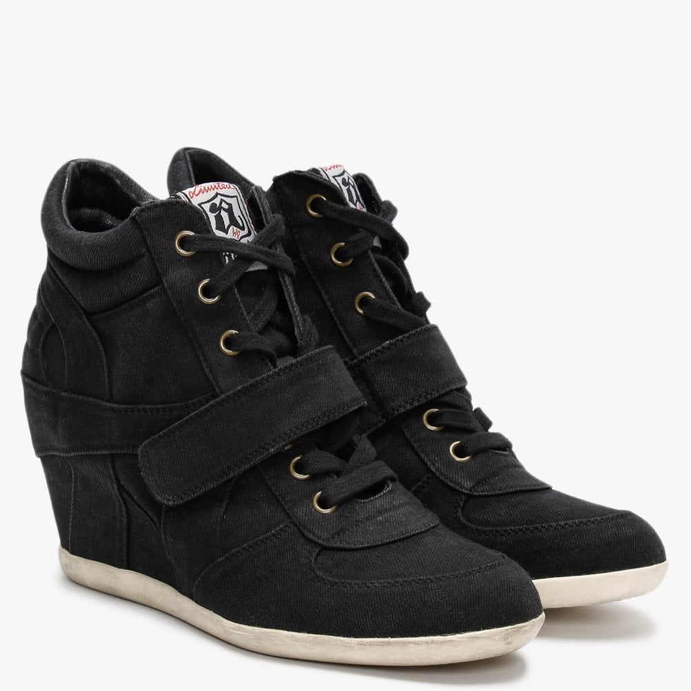 Bowie Black Washed Denim Wedge High Top Trainers
