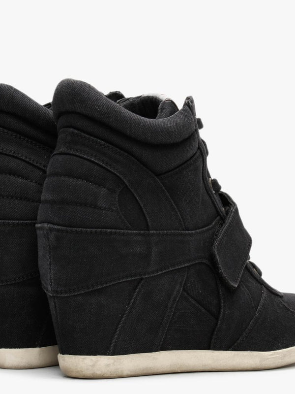 Bowie Black Washed Denim Wedge High Top Trainers