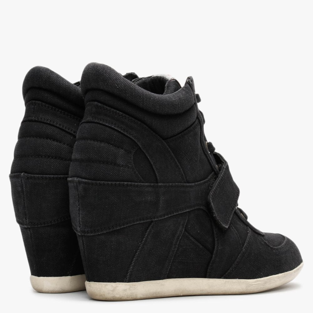 Bowie Black Washed Denim Wedge High Top Trainers