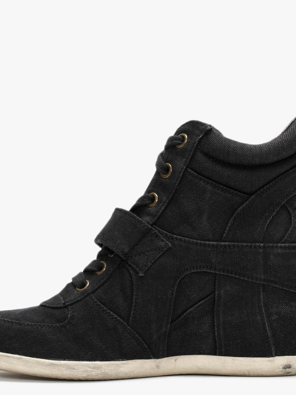 Bowie Black Washed Denim Wedge High Top Trainers