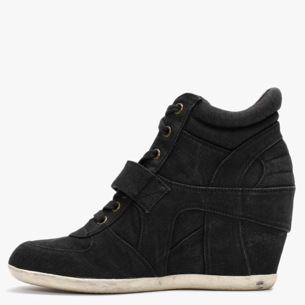 Bowie Black Washed Denim Wedge High Top Trainers