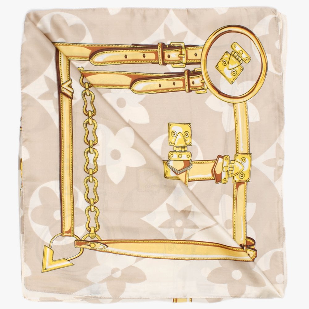 Beige Chain & Belt Print Scarf