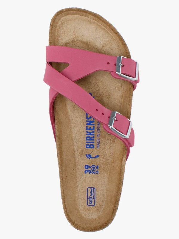Yao Balance Fuchsia Tulip Nubuck Leather Cross Strap Mules