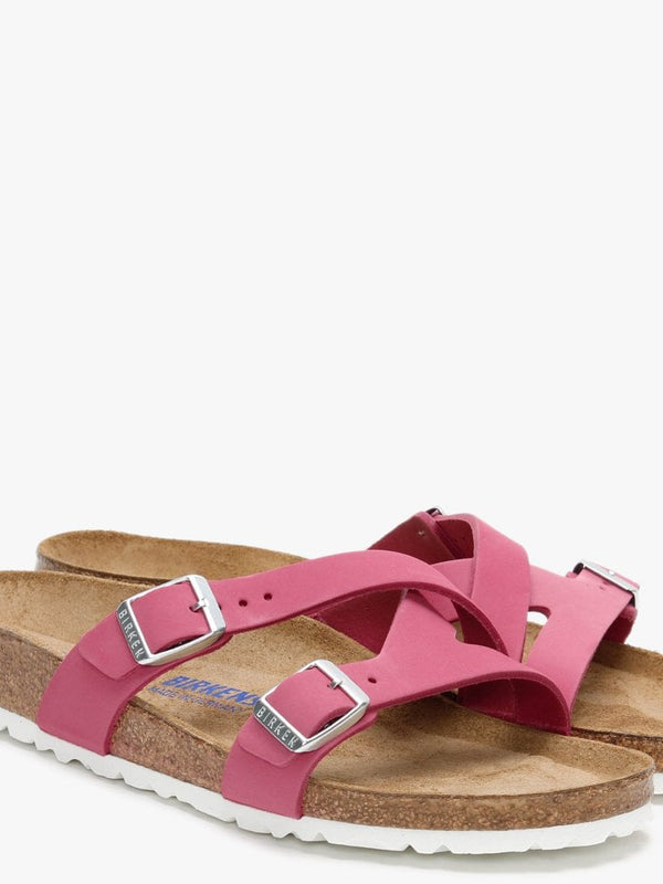 Yao Balance Fuchsia Tulip Nubuck Leather Cross Strap Mules