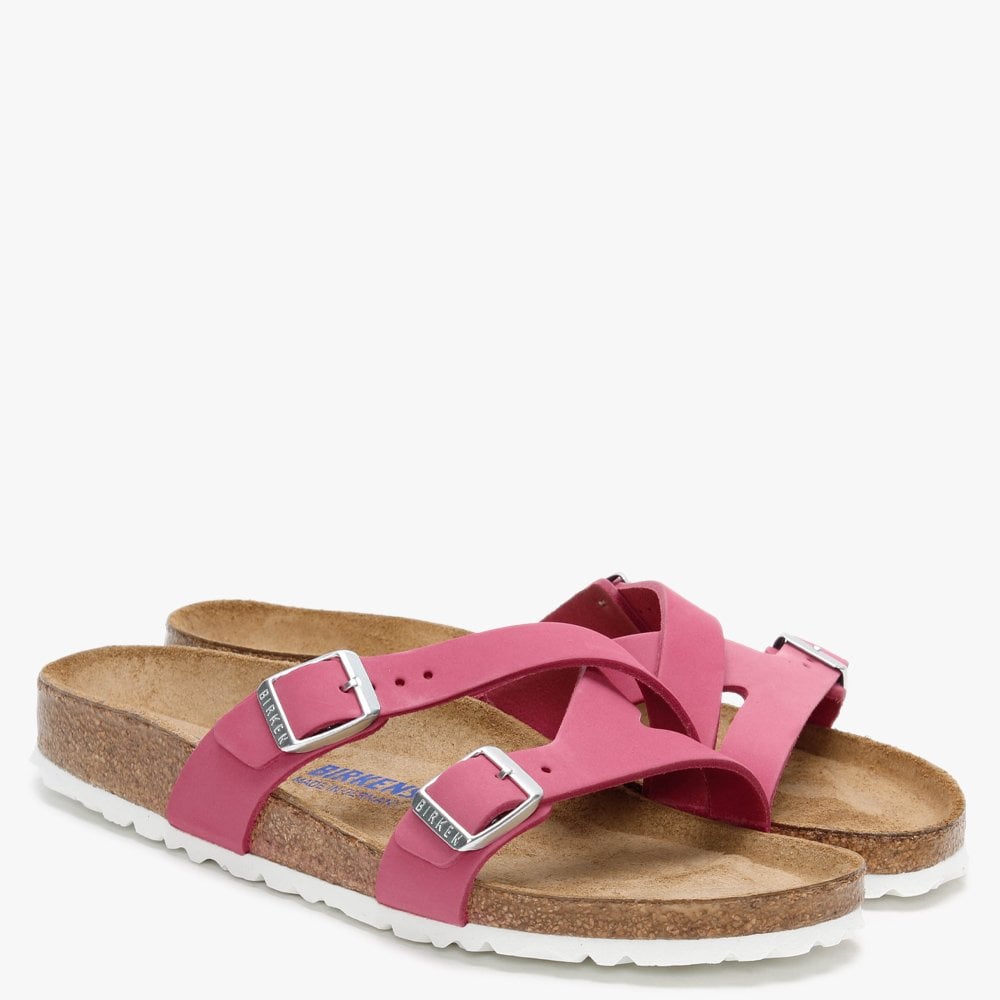 Yao Balance Fuchsia Tulip Nubuck Leather Cross Strap Mules