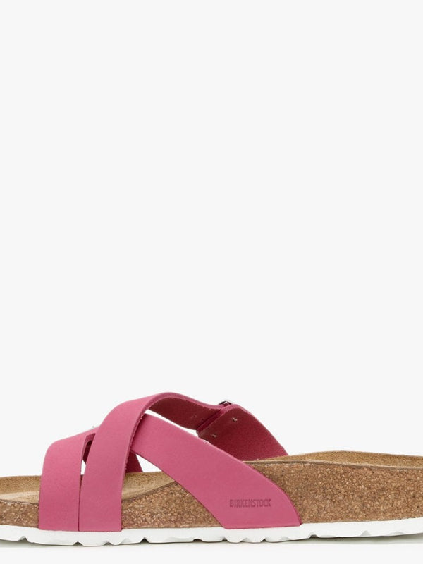 Yao Balance Fuchsia Tulip Nubuck Leather Cross Strap Mules