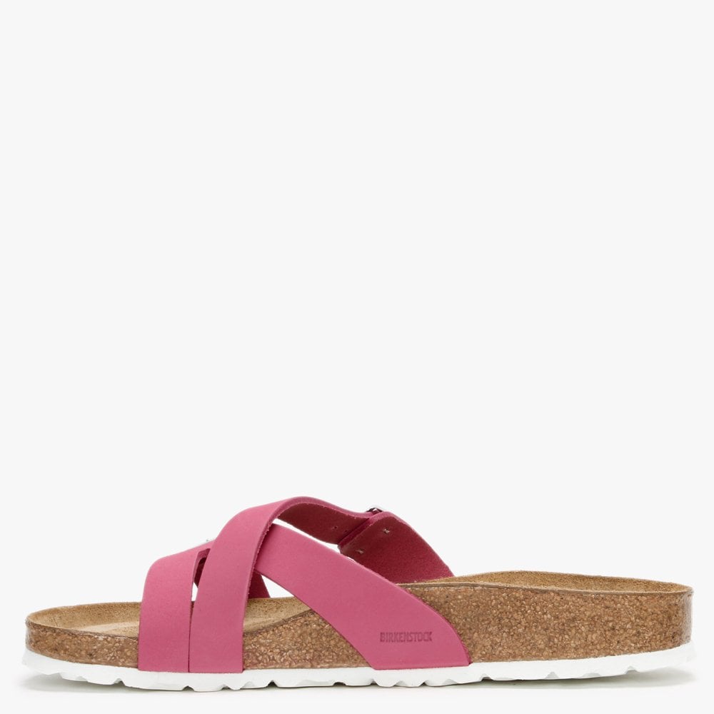 Yao Balance Fuchsia Tulip Nubuck Leather Cross Strap Mules