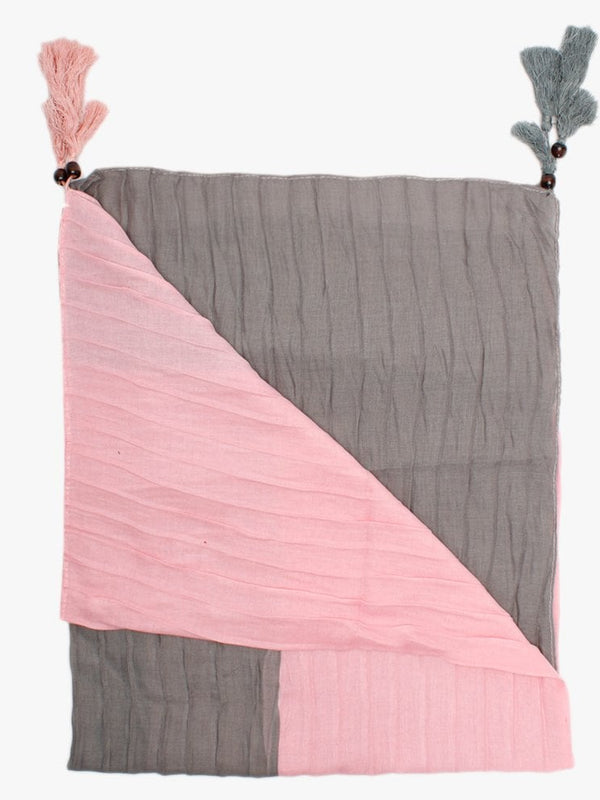 Grey & Pink Ribbed Tassel Scarf