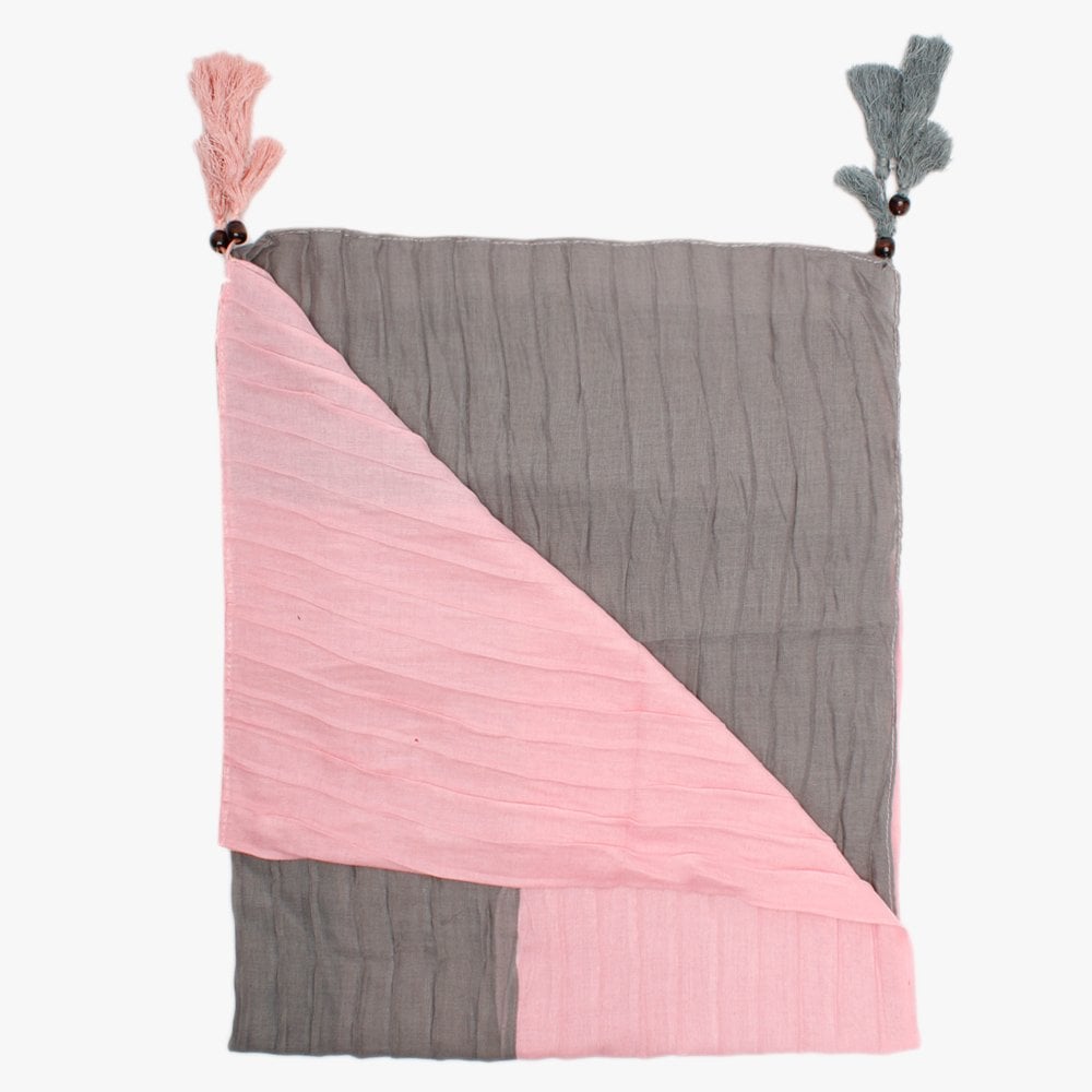 Grey & Pink Ribbed Tassel Scarf