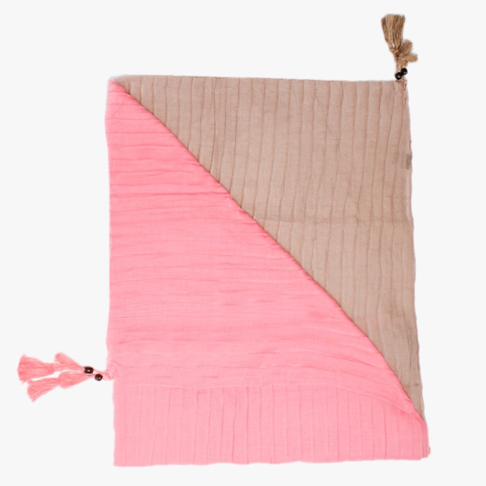 Beige & Pink Ribbed Tassel Scarf
