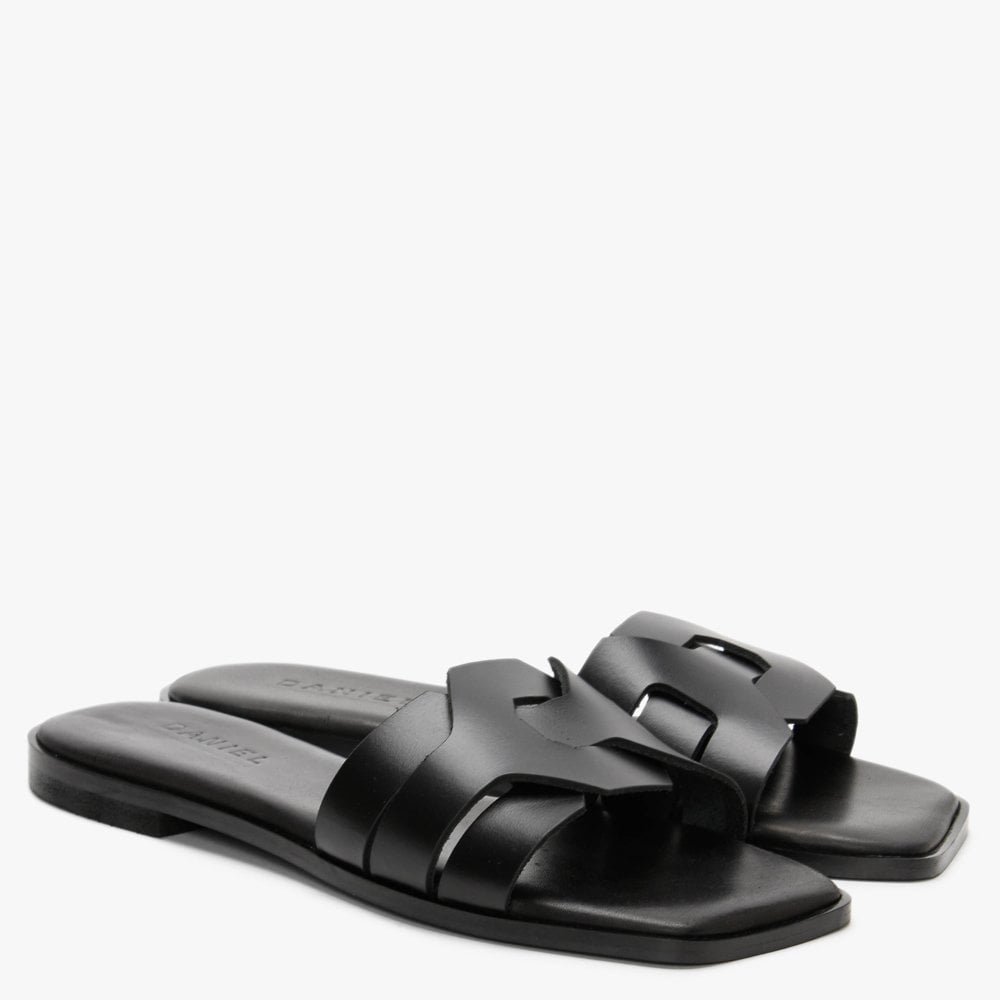 Rolock Black Leather Flat Mules
