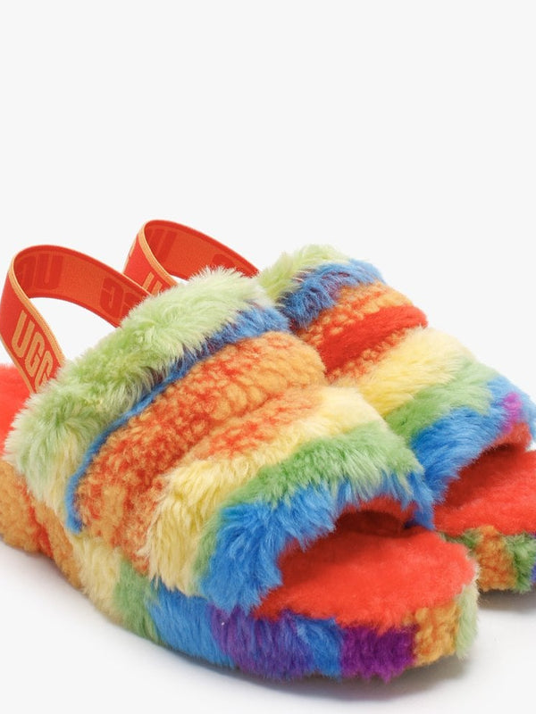 Fluff Yeah Logo Cali Collage Rainbow Stripes Sheepskin Sliders