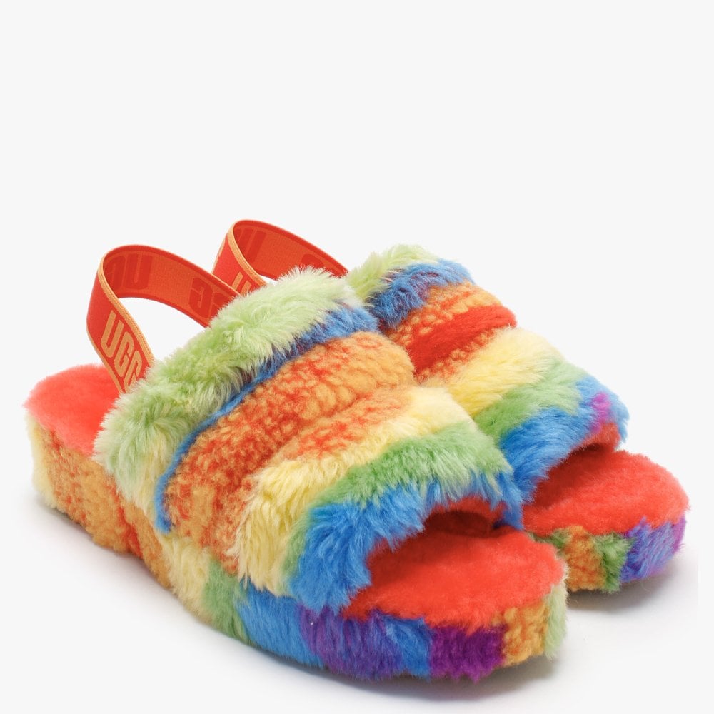 Fluff Yeah Logo Cali Collage Rainbow Stripes Sheepskin Sliders