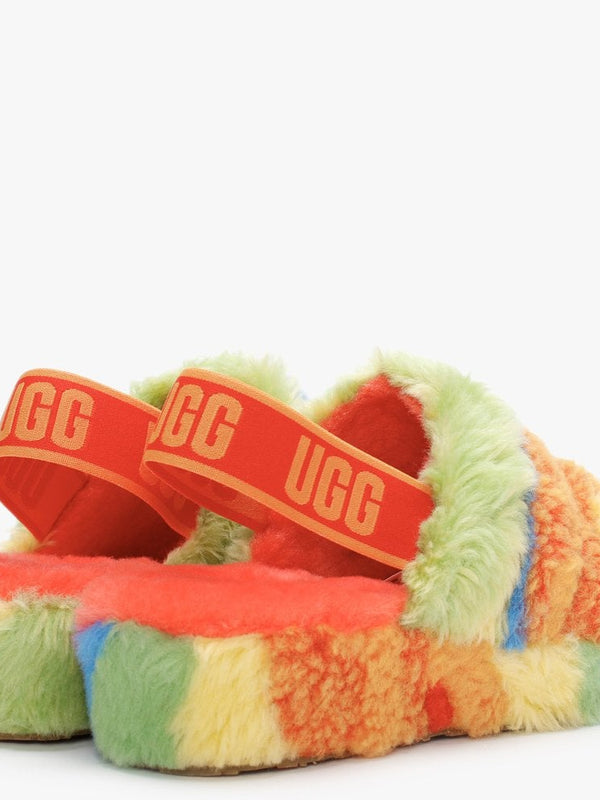 Fluff Yeah Logo Cali Collage Rainbow Stripes Sheepskin Sliders