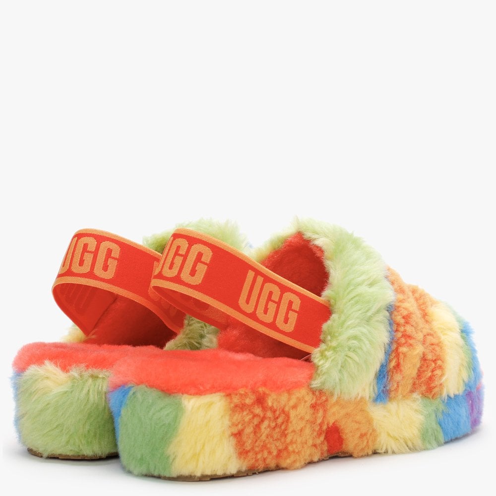Fluff Yeah Logo Cali Collage Rainbow Stripes Sheepskin Sliders