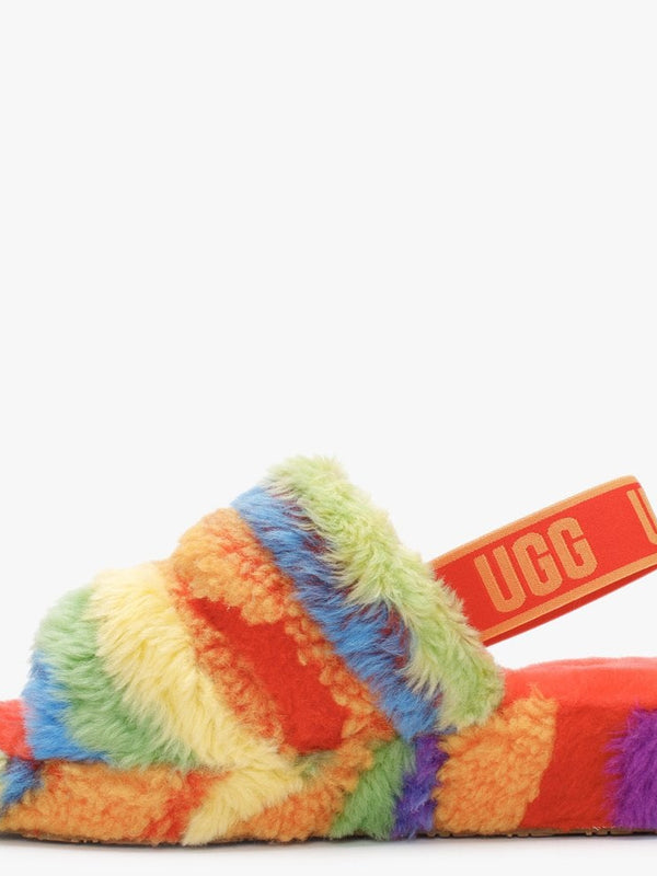 Fluff Yeah Logo Cali Collage Rainbow Stripes Sheepskin Sliders