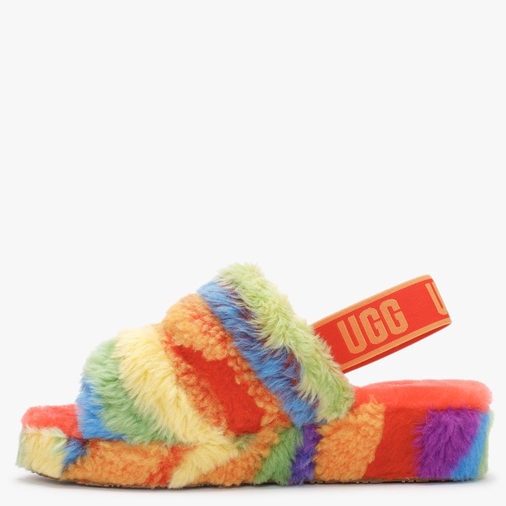 Fluff Yeah Logo Cali Collage Rainbow Stripes Sheepskin Sliders