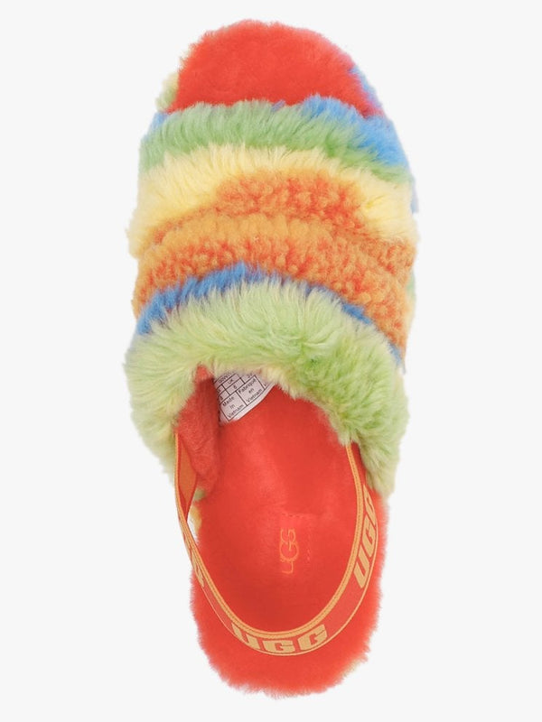 Fluff Yeah Logo Cali Collage Rainbow Stripes Sheepskin Sliders
