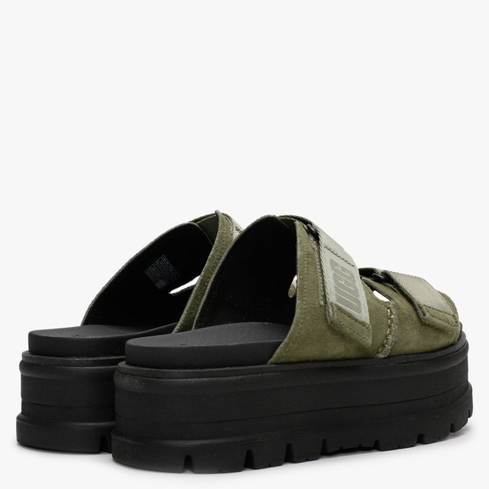 Clem Burnt Olive Suede Chunky Sliders