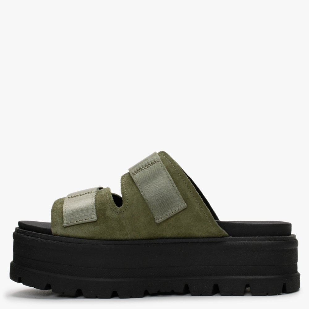 Clem Burnt Olive Suede Chunky Sliders