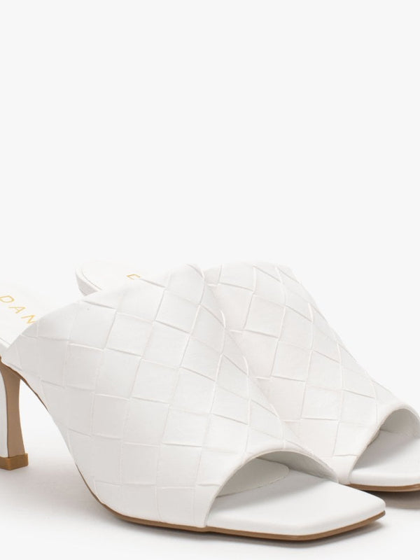 Roven White Woven Heeled Mules