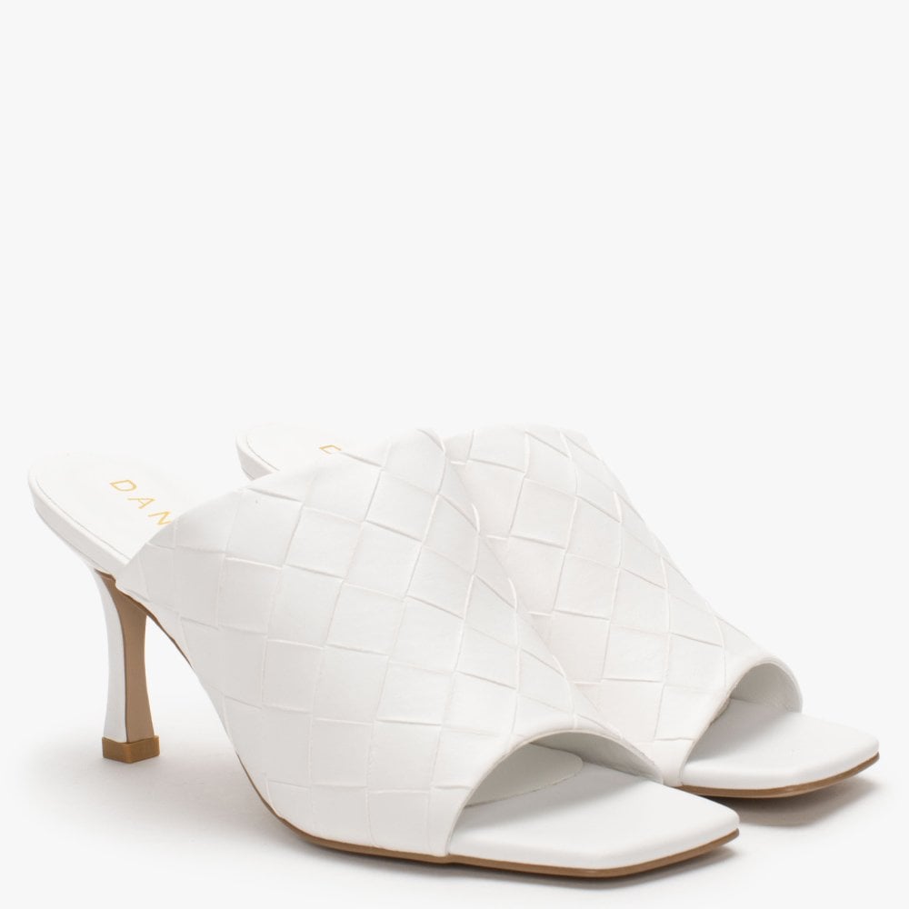 Roven White Woven Heeled Mules