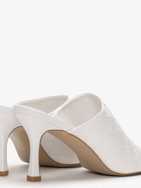 Roven White Woven Heeled Mules