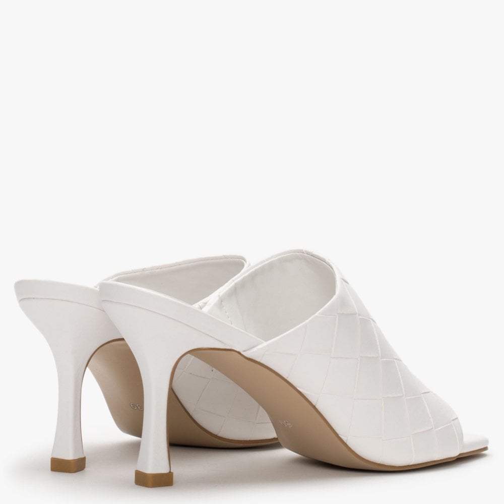 Roven White Woven Heeled Mules