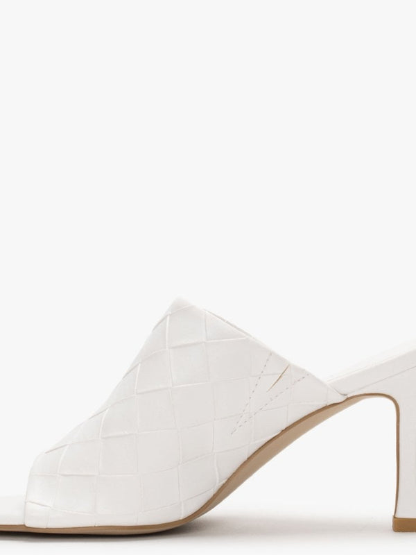 Roven White Woven Heeled Mules