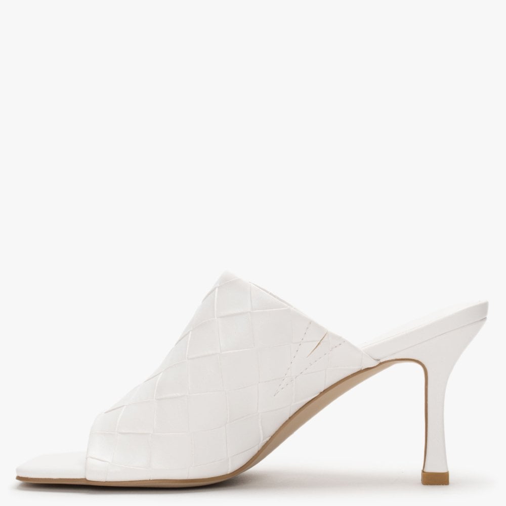 Roven White Woven Heeled Mules