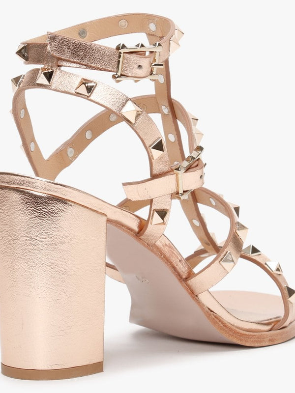 Pitter Rose Gold Leather Studded Block Heeled Sandals