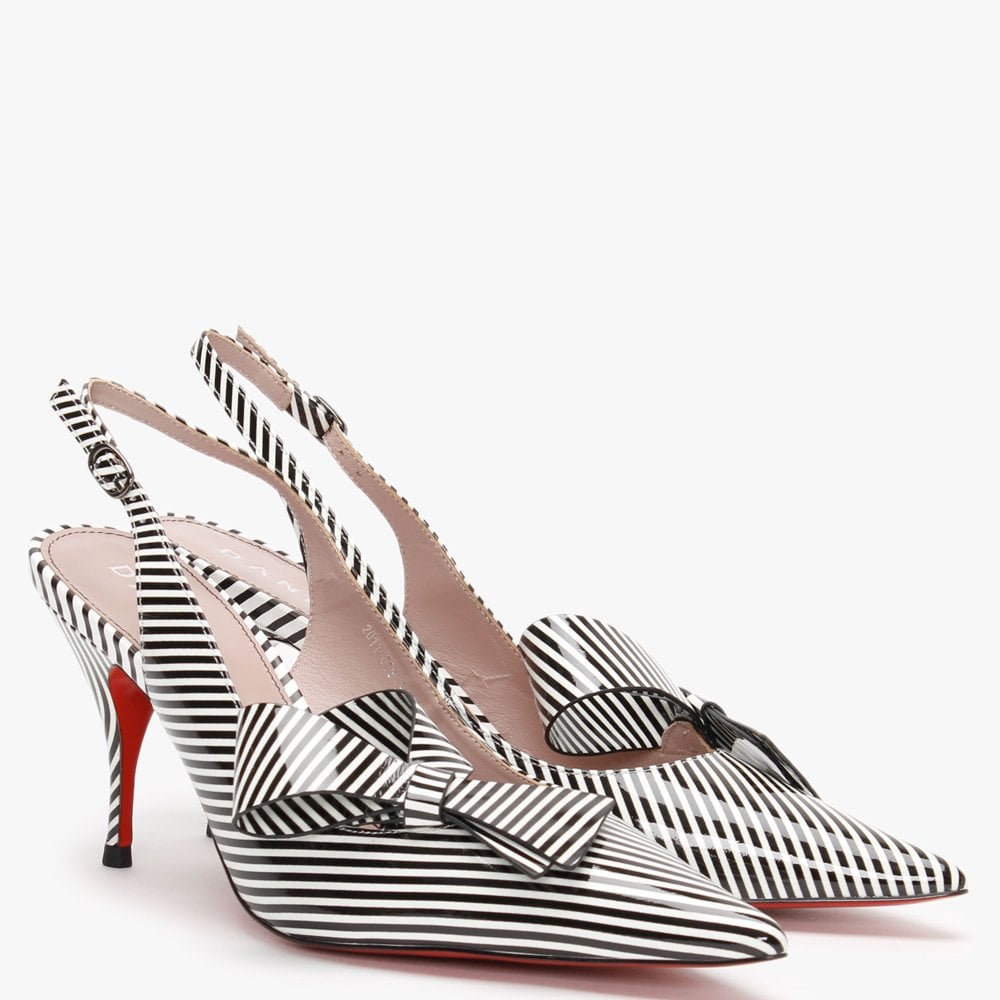 Sized Striped White Leather Bow Sling Back Heels