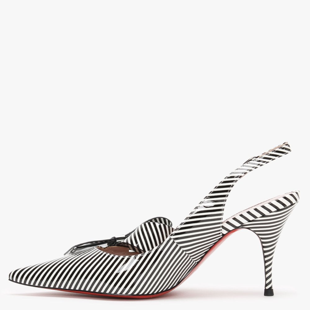 Sized Striped White Leather Bow Sling Back Heels