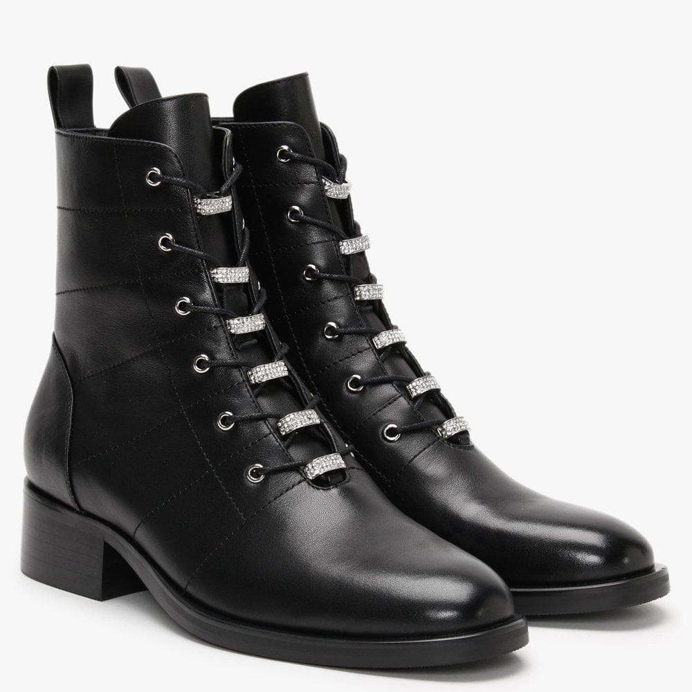 Sace Black Leather Diamante Ankle Boots