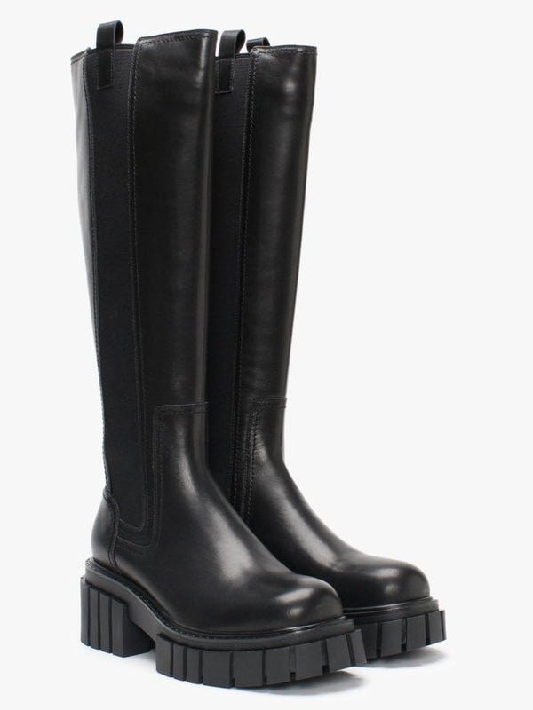 Pippy Black Leather Lug Sole Knee Boots