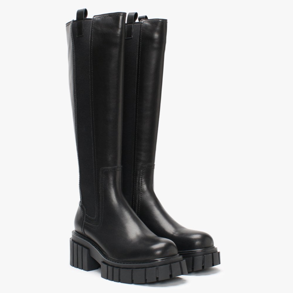 Pippy Black Leather Lug Sole Knee Boots